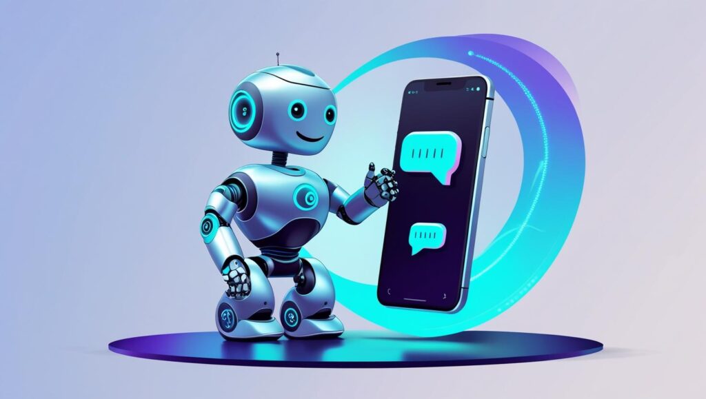 Futuristic AI robot with chat bubbles – AI chat apps illustration 2025