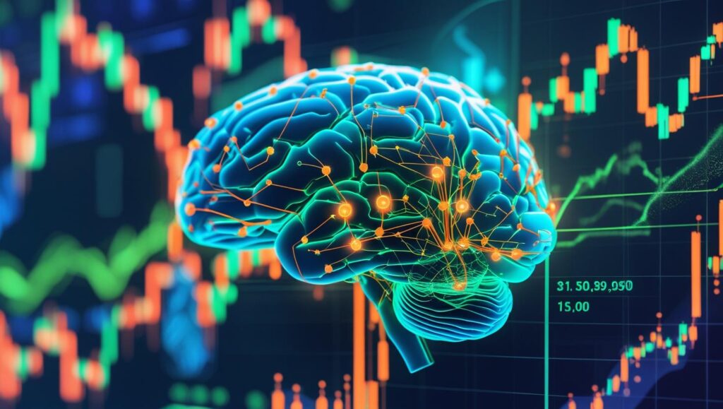 An abstract AI brain or neural network blending with stock market data.